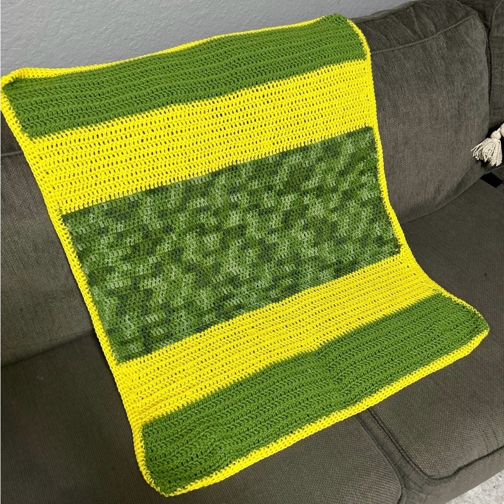 Handmade vintage crocheted, blanket yellow and green 32” x 38”